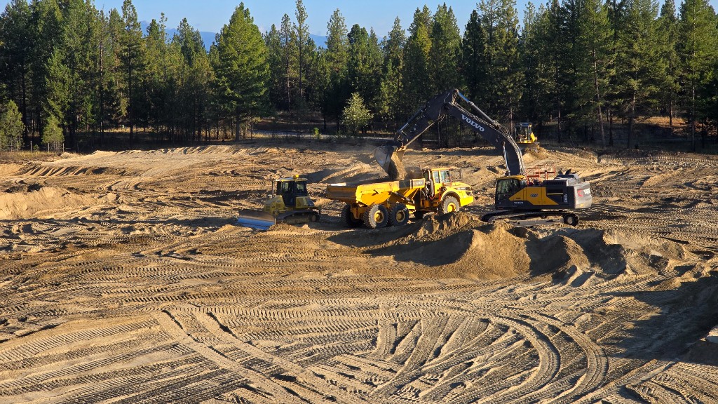 Excavator loading a dump truck on a job site